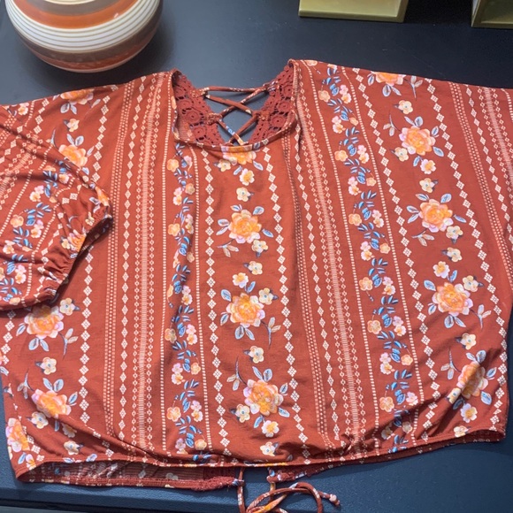 Tops - Women’s Rust Floral Lace-Up Boho Top